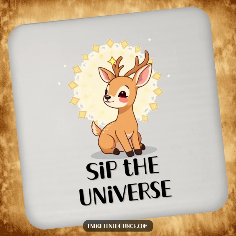 Funny kawaii deer coaster with a gentle deer gazing upwards at a swirling mandala of stars, adding magical humor.