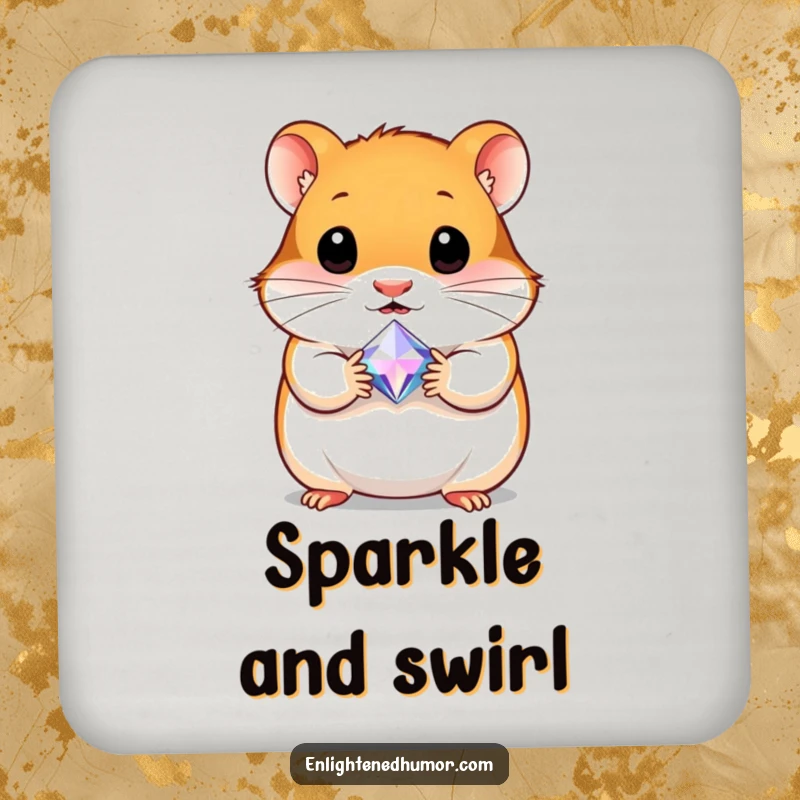 Funny drink coaster featuring a curious hamster holding a tiny, radiant gem, adding sparkle and charm to any surface.