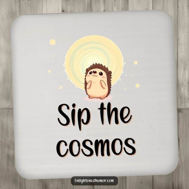 Funny hedgehog drink coasters showing a curious creature observing a swirling cosmic energy vortex, protecting surfaces with humor.