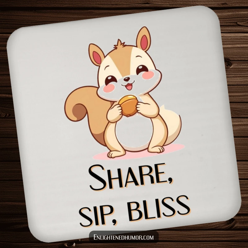 Funny kawaii squirrel spirit coaster shows a happy squirrel offering a nut to a floating spiritual symbol, protecting surfaces.