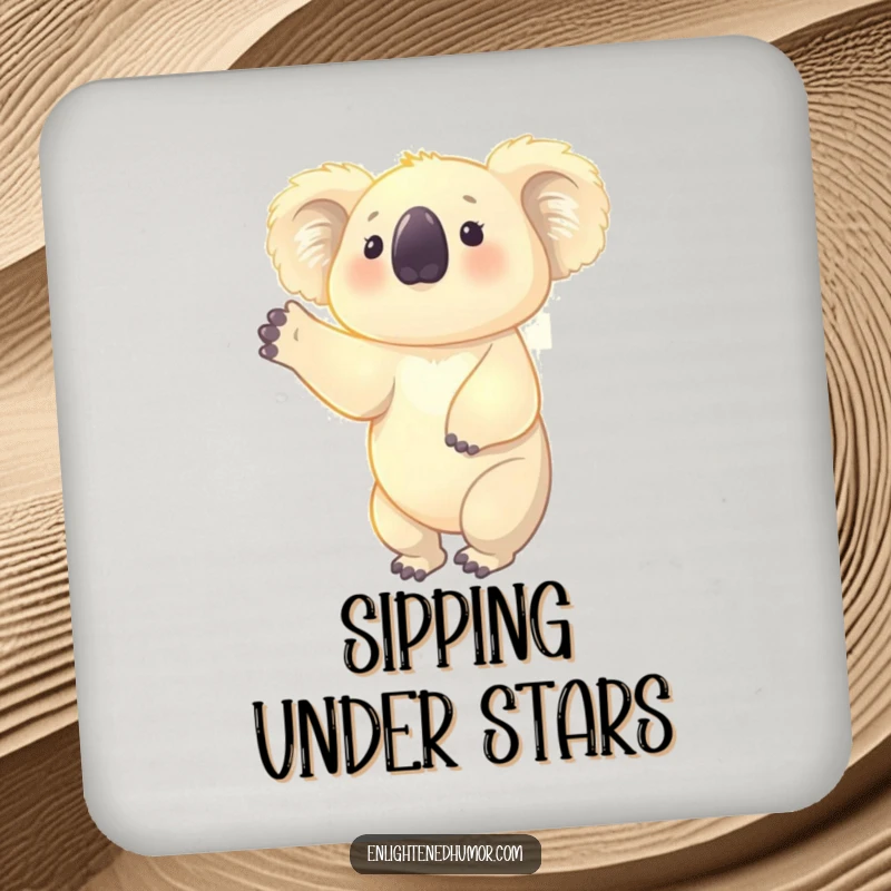 Funny drink coaster featuring a glowing koala reaching upwards, surrounded by a faint aura, adding a touch of zen to any surface.