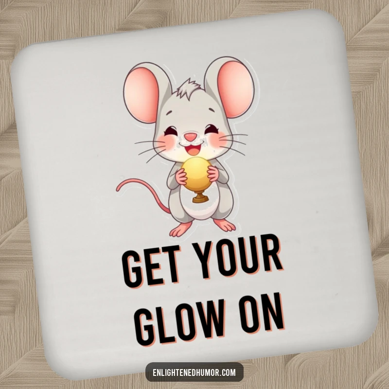 Funny drink coaster featuring a cheerful mouse character holding a radiant orb, protecting surfaces with delightful humor.