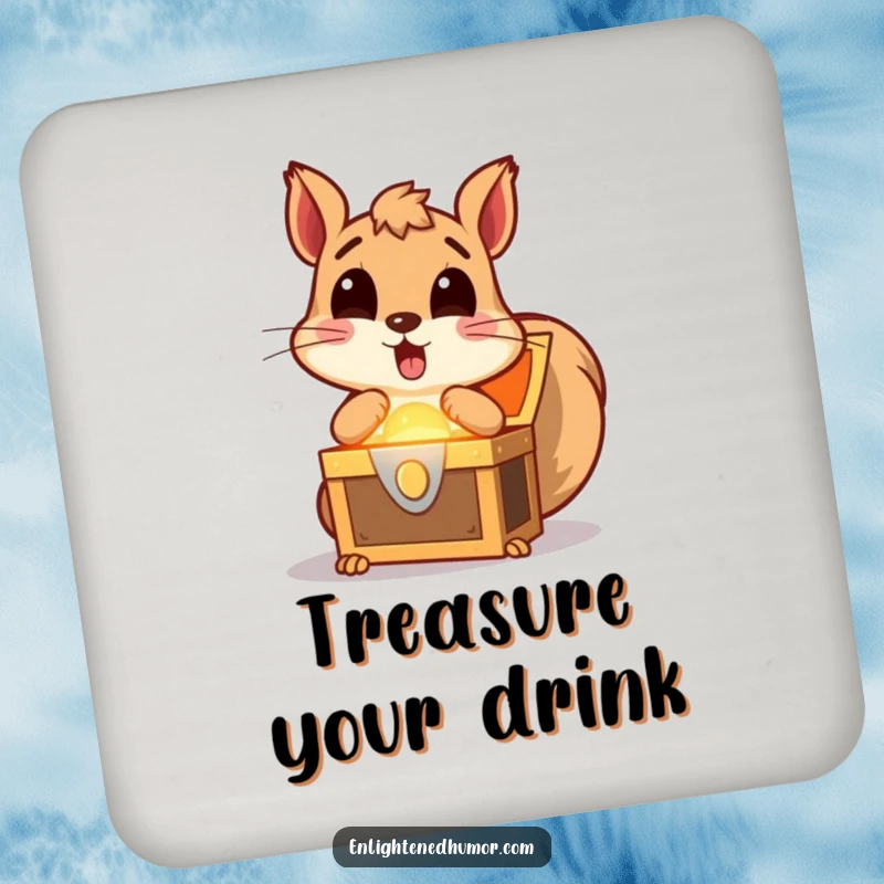 Funny squirrel drink coaster featuring a surprised squirrel discovering a glowing treasure chest, adding playful charm and surface protection.