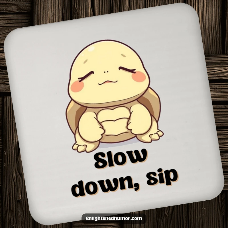Funny drink coaster featuring a tortoise meditating peacefully, eyes closed, adding calm and humor to your space.