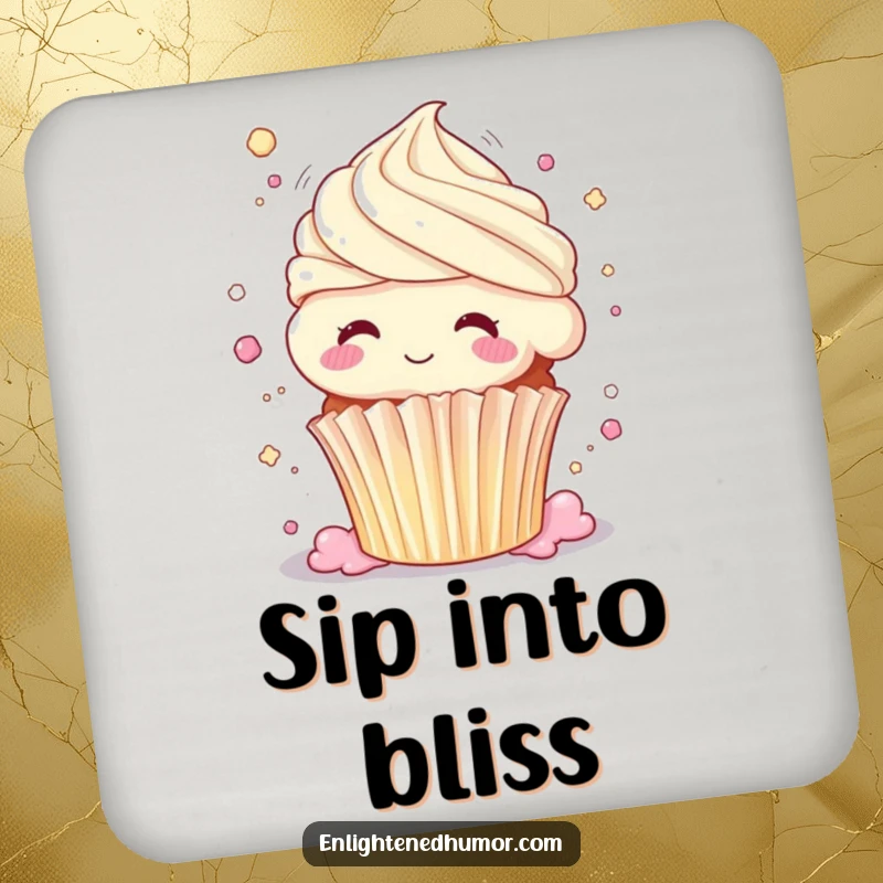 Funny cupcake coaster, dissolving into pure bliss, body shimmering, sweet shimmering table protector, humorous accent.