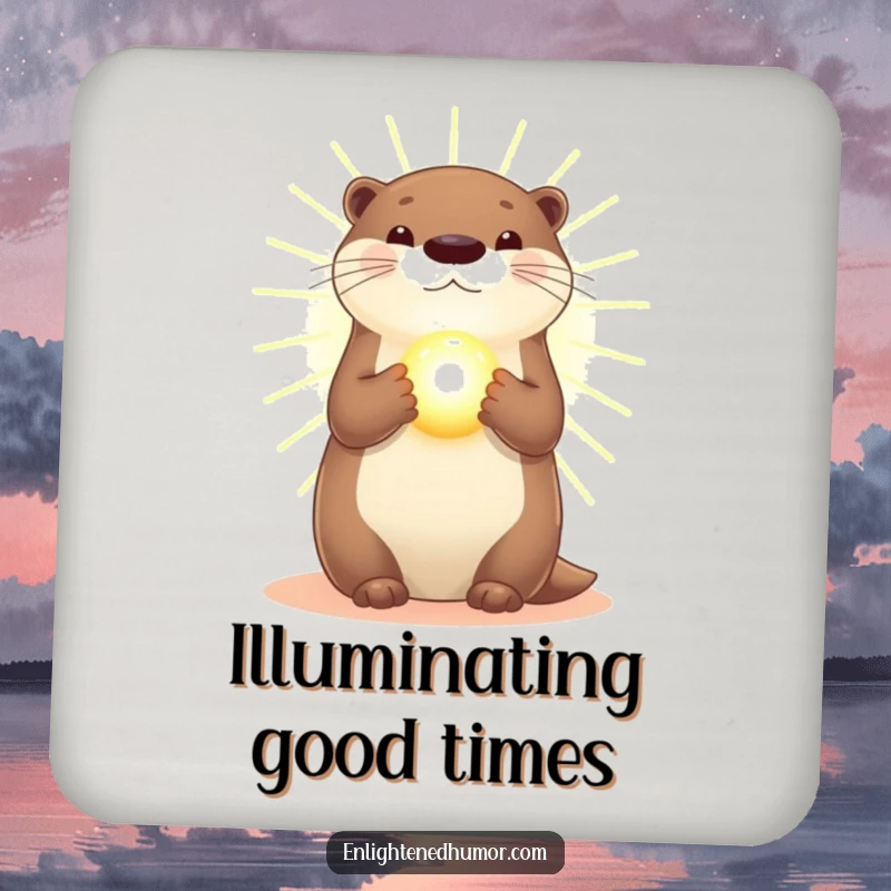 Funny Otter Coasters: Set of coasters featuring a radiant otter in golden light, holding a glowing orb, elegant design.