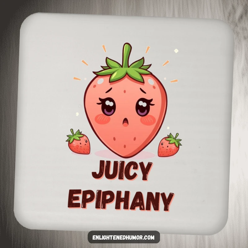 Funny Strawberry Enlightenment Coaster featuring a surprised strawberry, eyes wide, having a sudden, humorous moment of realization.