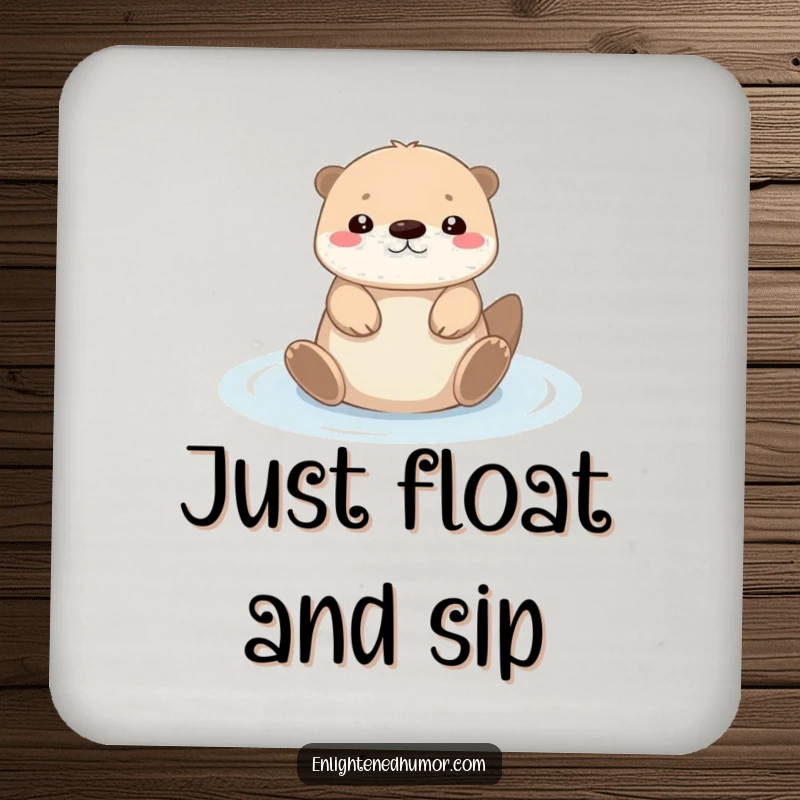 Funny tiny kawaii otter drink coaster with a serene character floating on its back in light, protecting surfaces with charm.