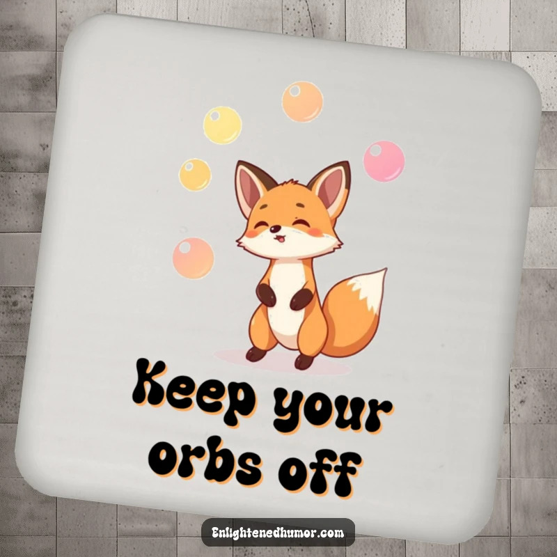 Funny drink coasters featuring a playful fox juggling three tiny, glowing orbs, bringing humorous magic to any surface.
