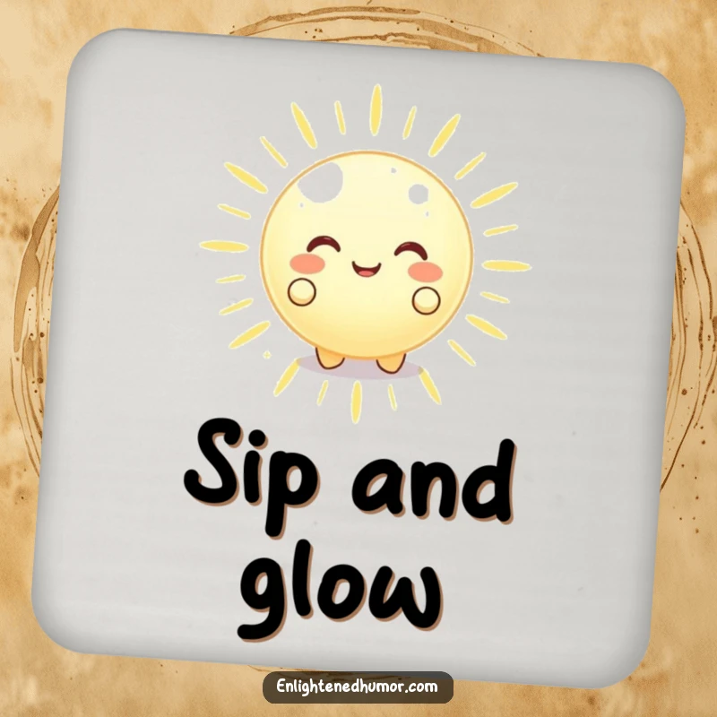 Funny happy glowing orb character on a drink coaster, radiating peaceful energy outwards, a cute and functional funny home accessory.