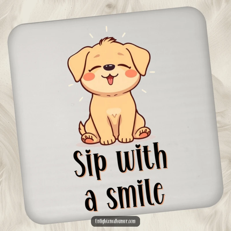 Funny coasters showing a happy dog sitting peacefully with closed eyes, radiating a gentle aura of light for table protection.