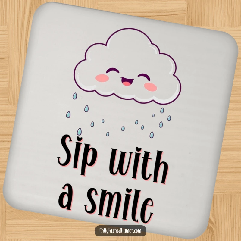 Funny laughing cloud character on a drink coaster, raining gentle, sparkly droplets, a cute and functional funny home accessory.