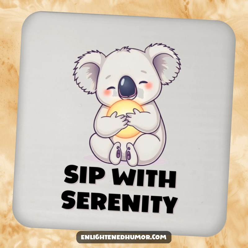 Funny drink coaster featuring a serene koala embracing a radiant orb, protecting surfaces with charm.