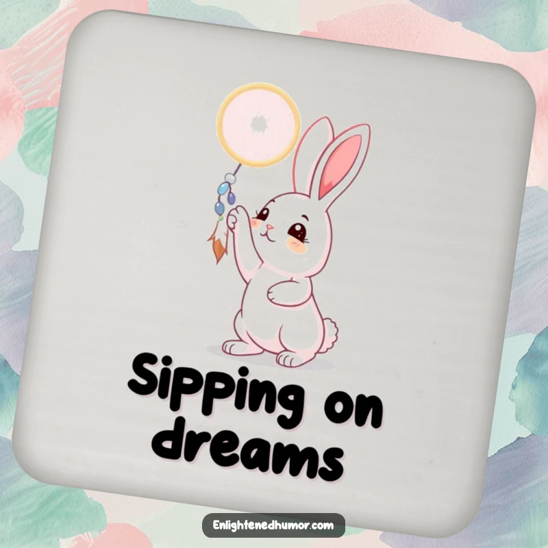 Funny rabbit drink coaster with a curious bunny reaching for a shimmering dreamcatcher, protecting surfaces with whimsical charm, an ideal small funny gift.
