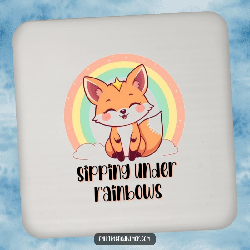 Funny celestial fox drink coaster set with a joyful fox peeking from behind a shimmering rainbow, adding cosmic charm to any table.