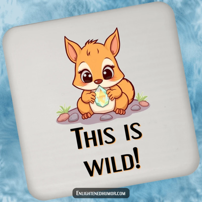 Funny Squirrel Coasters: Set of coasters featuring a surprised squirrel with wide eyes, discovering a glowing crystal. Cute design.