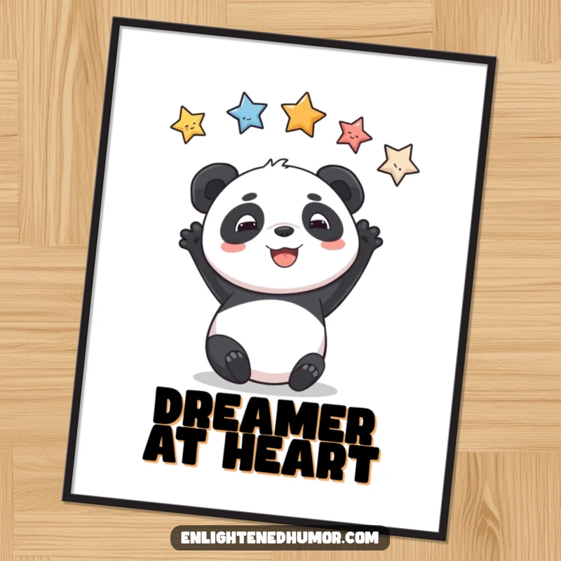 Funny poster print of a smiling panda reaching for stars, bringing aspirational vibes to decor.