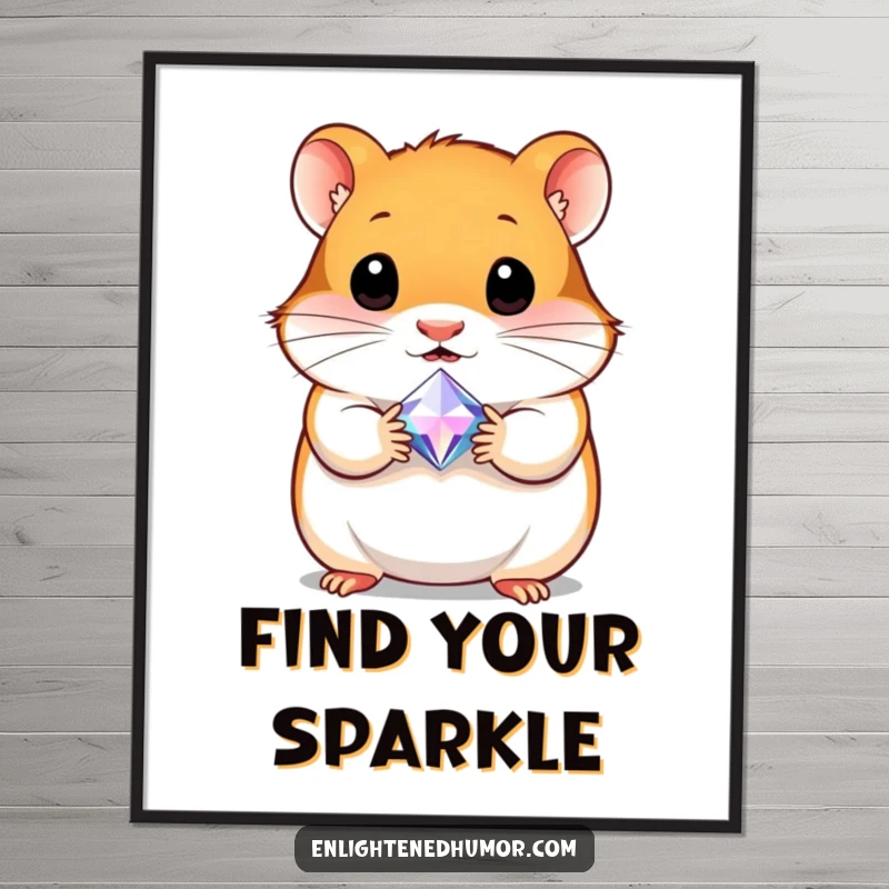 Funny poster art of a curious hamster holding a tiny, radiant gem, symbolizing wonder, discovery, and the beauty of small treasures.