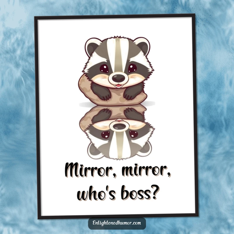 Funny poster depicting a beaming badger captivated by its reflection in a smooth, polished stone, bringing a humorous vibe to decor.