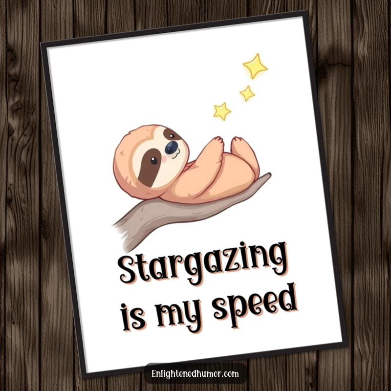 Funny celestial sloth poster artwork of a thoughtful sloth gazing at a distant, twinkling star, capturing cosmic peace and reflection.