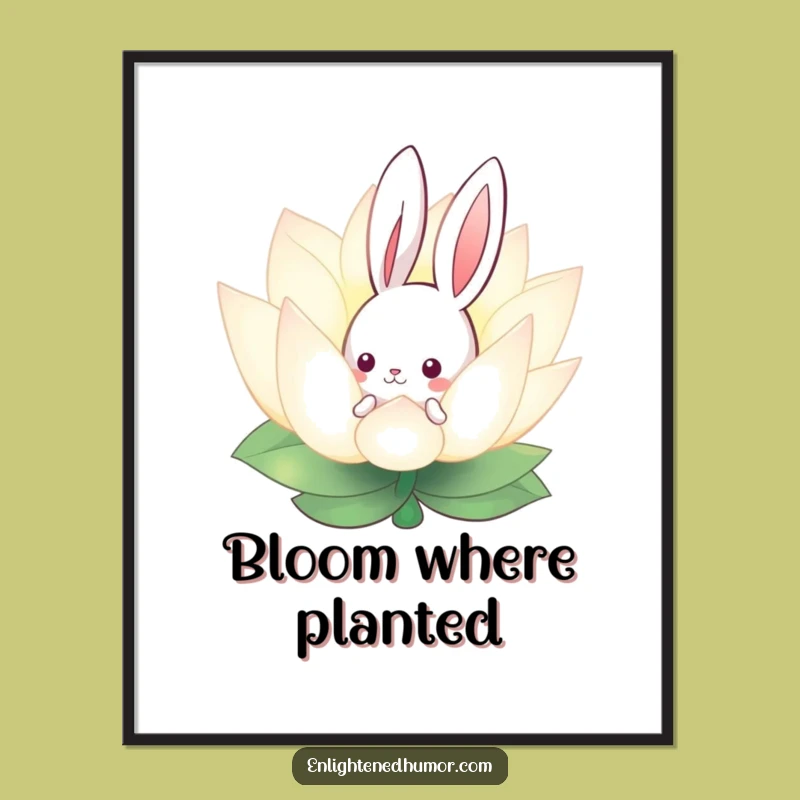 Funny Curious Bunny Lotus Poster - Enchanted Art Print for Peaceful Walls