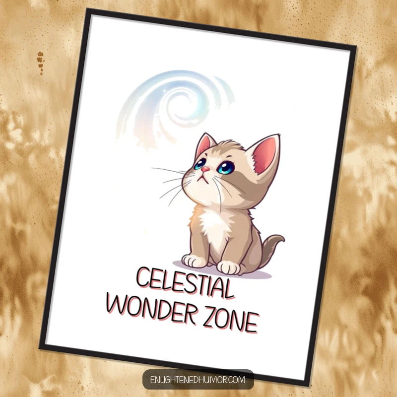 Funny poster depicting a curious kitten gazing upwards at swirling, luminous, and enchanting celestial patterns.