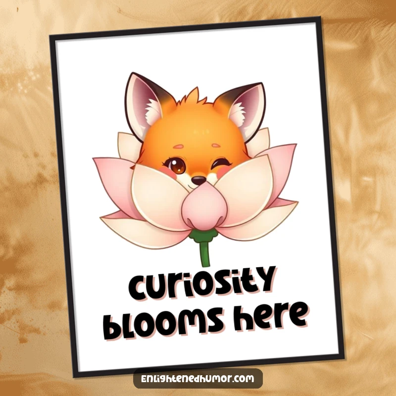 Funny fox poster art featuring a curious fox peeking from behind a shimmering lotus flower, creating a delightful scene of playful discovery.