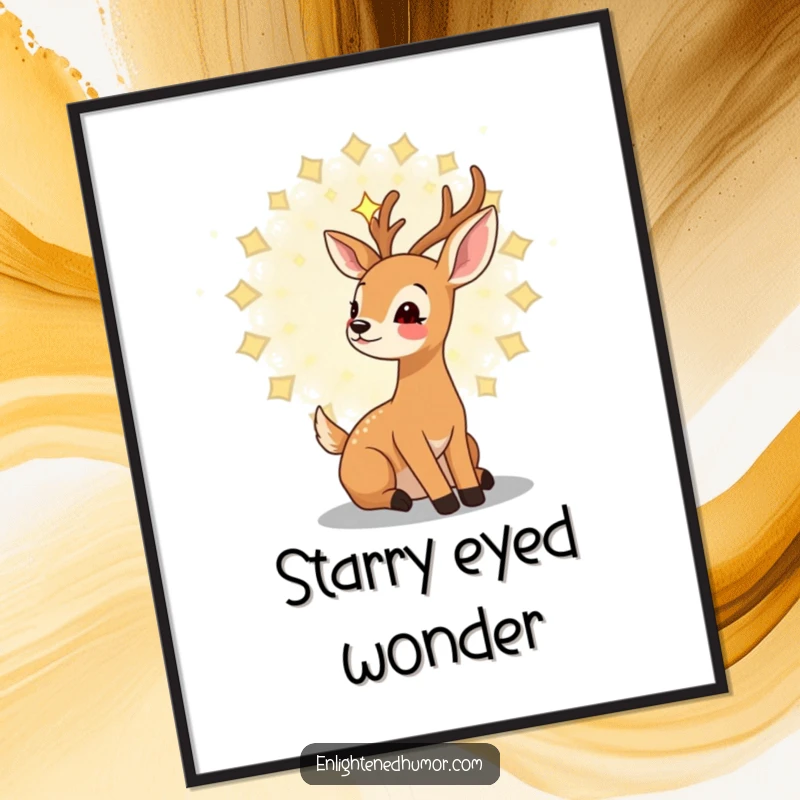 Funny kawaii deer poster showing a gentle deer gazing upwards at a swirling mandala of stars, radiating dreamy wonder.