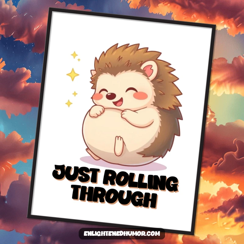 Funny Hedgehog Poster, featuring a cute character giggling as it transforms into a radiant, sparkly ball, bringing whimsical delight.