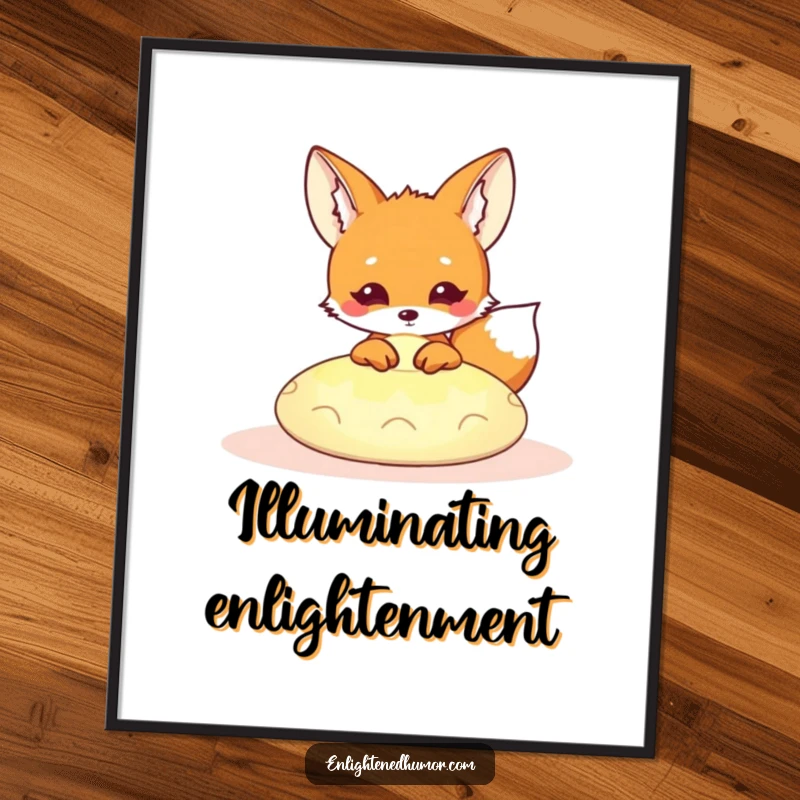 Funny Kawaii Fox Poster: Cute fox peeking from a glowing meditation cushion, adding humorous and serene wall art. A perfect funny gift.