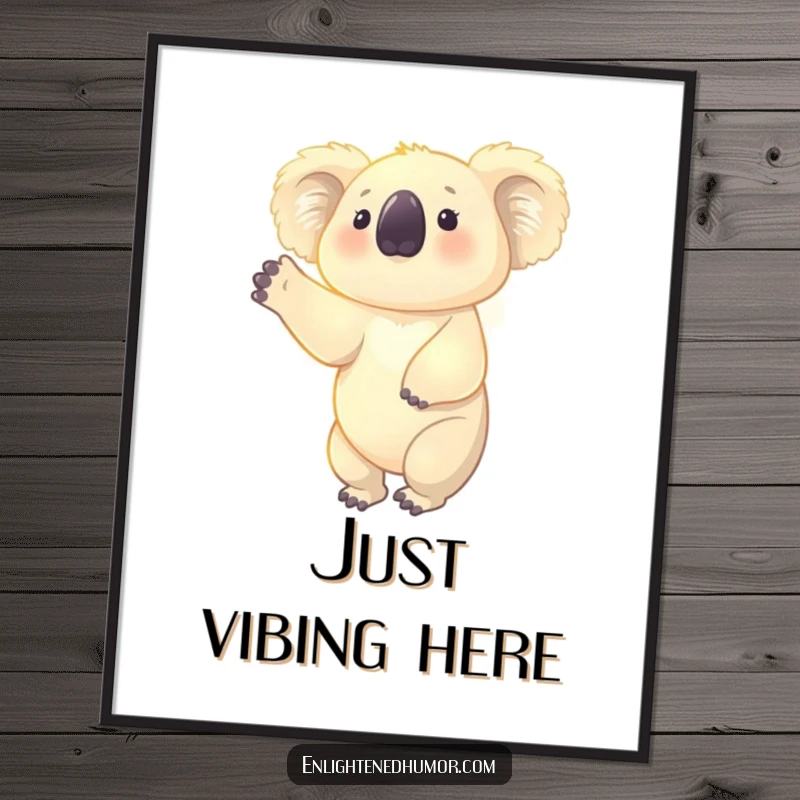 Funny poster art of a glowing koala reaching upwards, bathed in a soft aura, symbolizing peace, dreams, and gentle ambition.