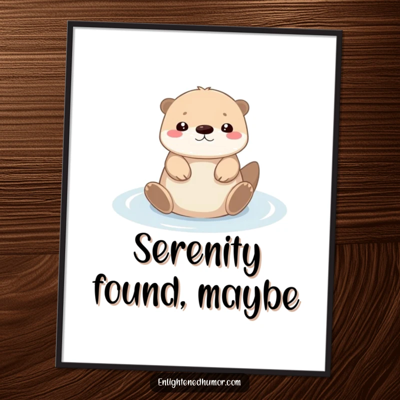 Funny tiny kawaii otter poster of a character floating serenely on its back in a puddle of light, bringing peace and humor.