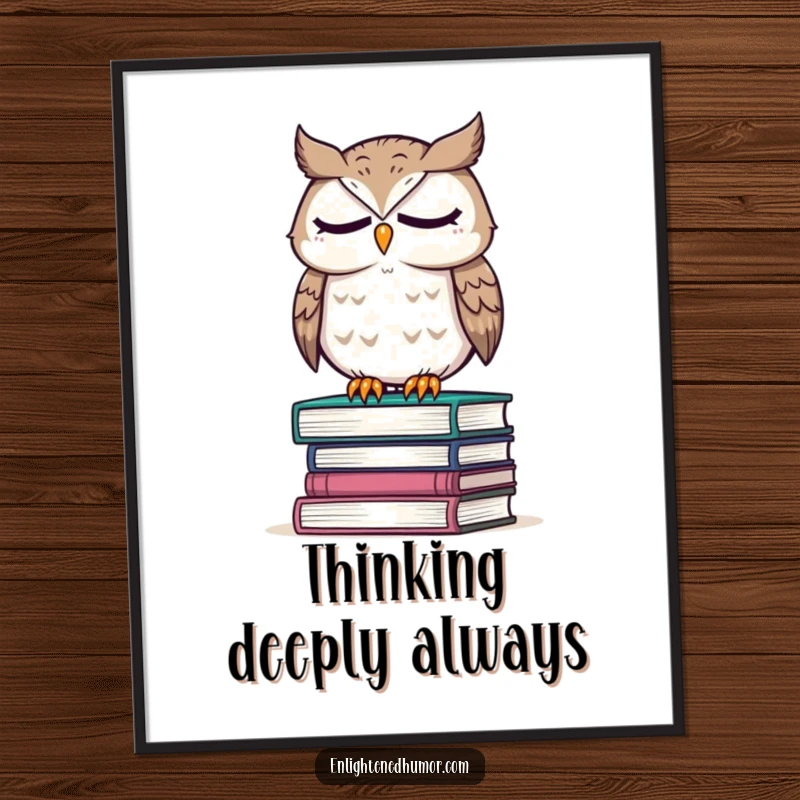 Funny poster art of a wise owl perched on a stack of books, eyes closed in deep contemplation, symbolizing knowledge and intellect.