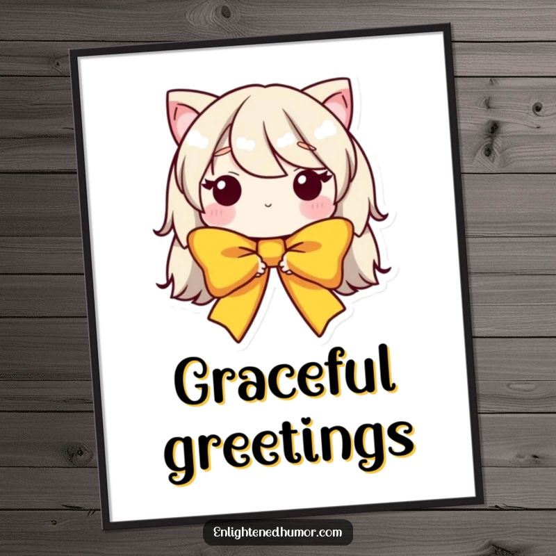 Funny poster art of a humble bow character in a graceful, bowed form, symbolizing politeness and refined charm. Excellent wall decor.