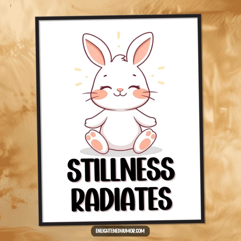 Funny rabbit poster art of a smiling rabbit in meditation, surrounded by a soft, glowing halo of light, conveying serenity and humor.