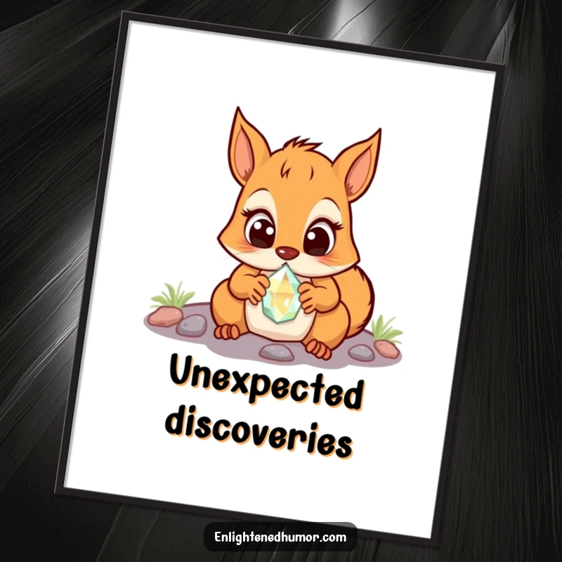 Funny Squirrel Poster: Art print of a surprised squirrel with wide eyes, discovering a glowing crystal. Captures pure astonishment.