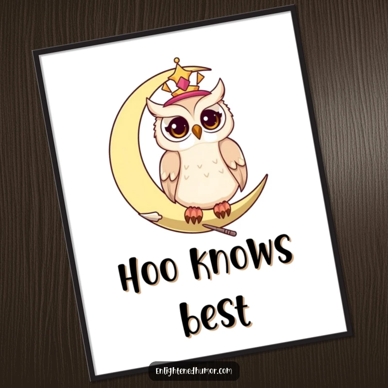 Funny celestial owl poster, a wise owl perched on a crescent moon, its eyes twinkling with celestial light.
