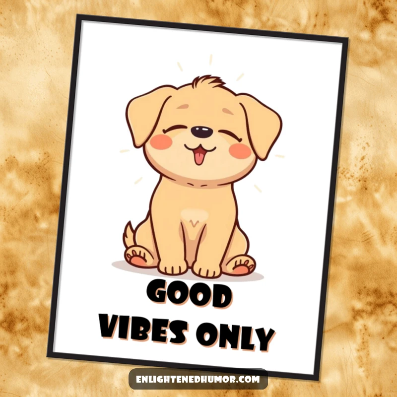 Funny poster depicting a happy dog sitting peacefully with eyes closed, emanating a gentle, radiant aura of light.