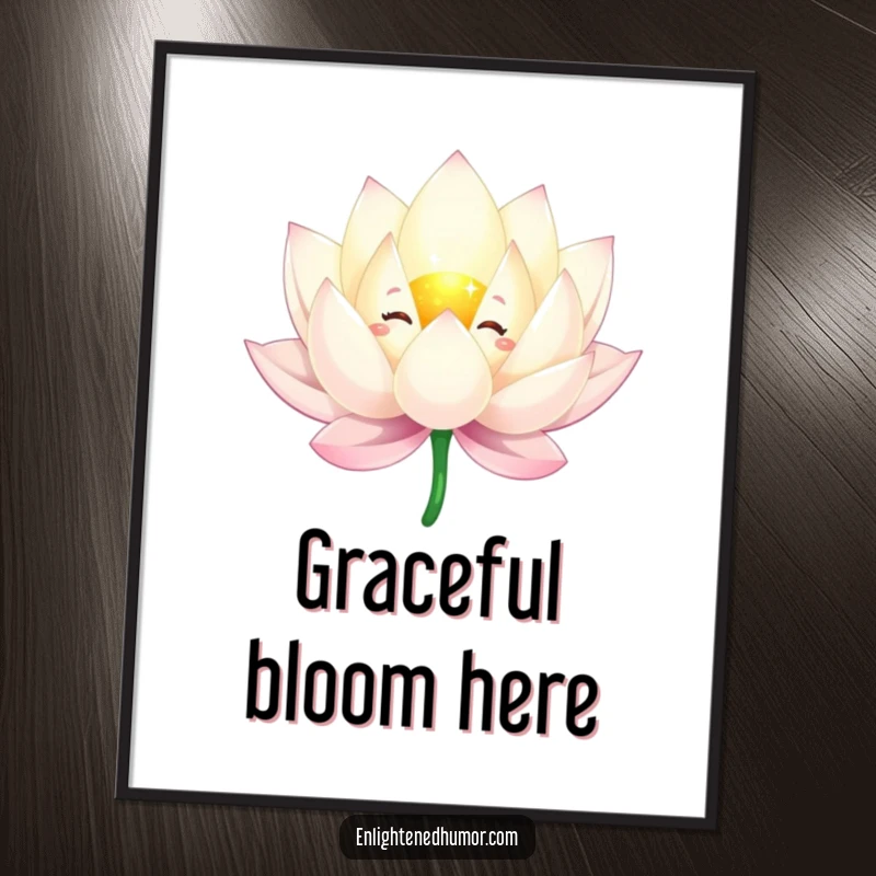 Funny poster of a sparkling lotus flower character gracefully floating, with exquisite petals radiating calm and beauty.