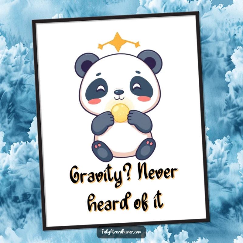Funny celestial panda poster artwork of a gleeful panda with a glowing orb balanced perfectly on its nose, embodying cosmic delight.