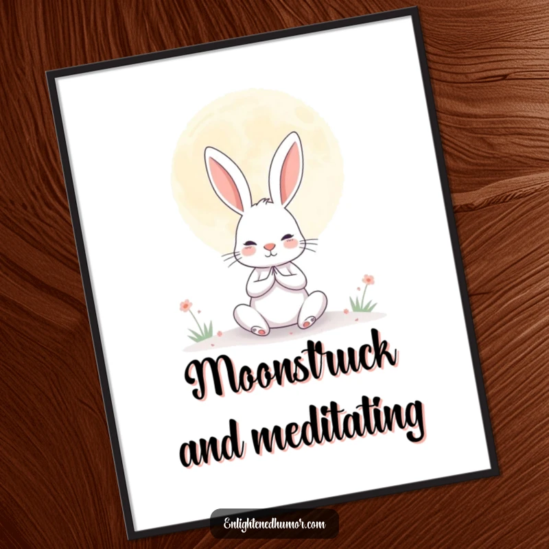Funny poster of a determined rabbit meditating peacefully under a giant, serene moon, radiating humorous calm.