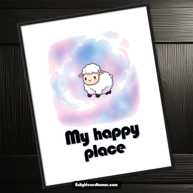 Funny poster depicting a serene sheep floating amongst colorful, swirling nebulae, creating a whimsical and humorous cosmic atmosphere.