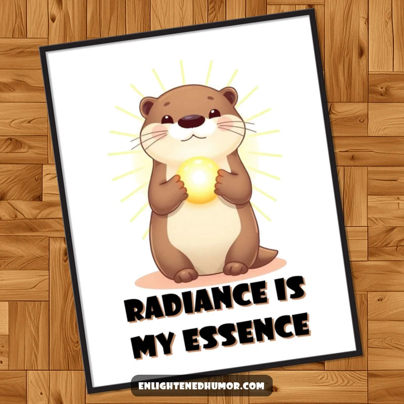 Funny Otter Poster: Art print of a radiant otter bathed in golden light, holding a glowing orb, creating a peaceful aura.