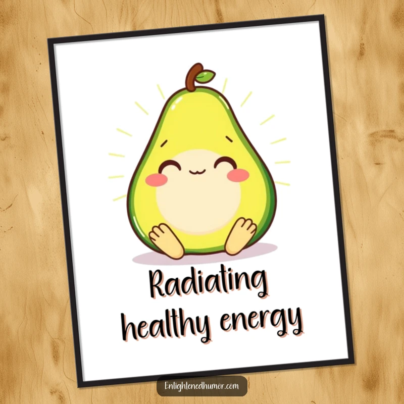 Smiling avocado in a meditative state, radiating a soft glow on a decorative poster.
