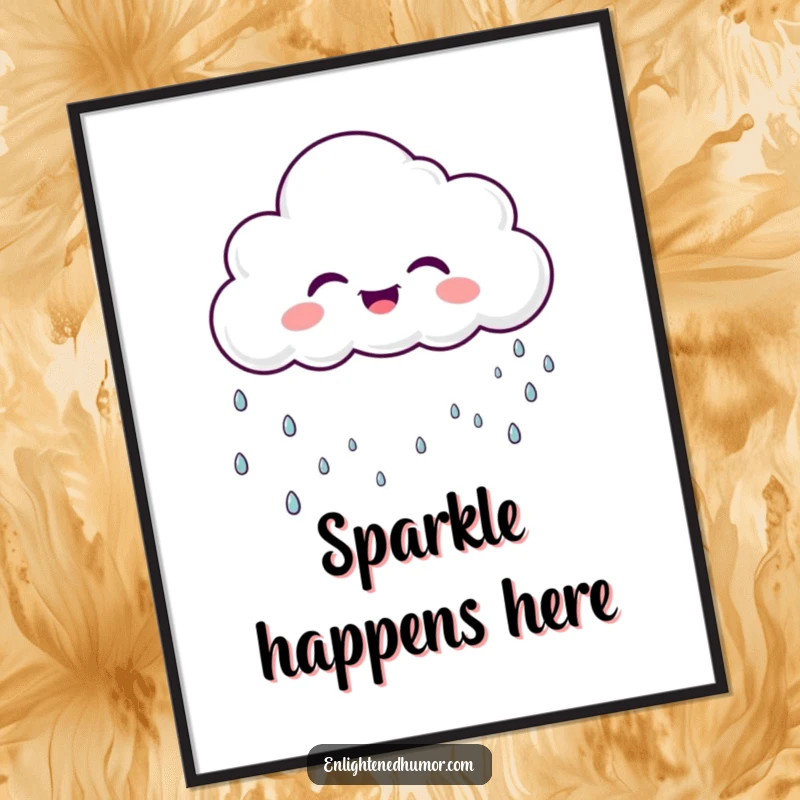 Funny laughing cloud character raining gentle, sparkly droplets, displayed as a whimsical and humorous wall art print.
