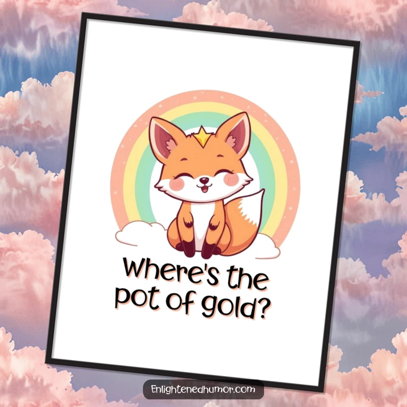 Funny celestial fox poster artwork of a joyful fox peeking from behind a shimmering, colorful rainbow, embodying cosmic mischief and wonder.