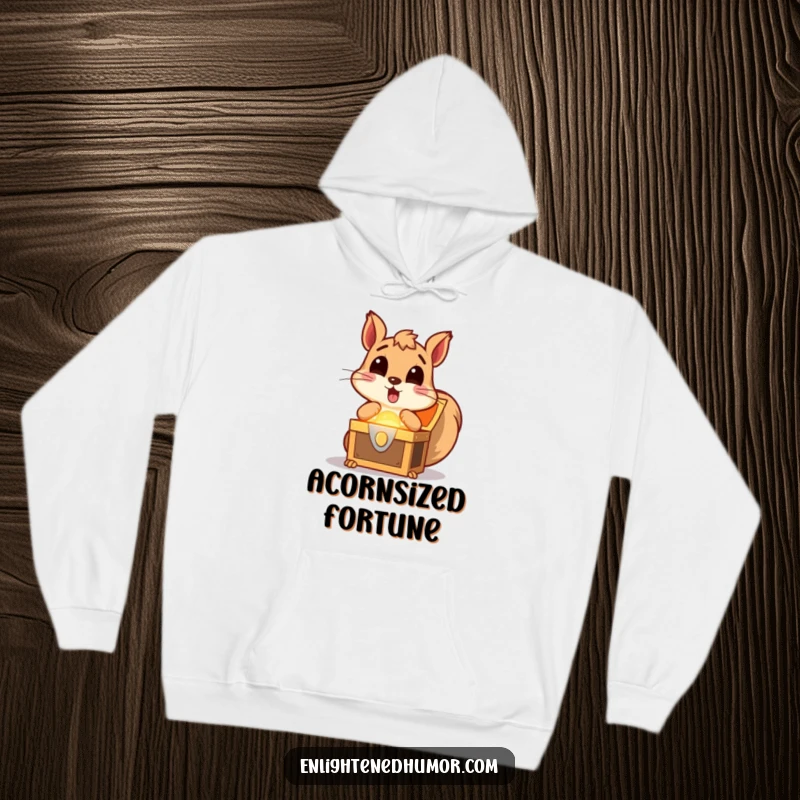Funny squirrel hoodie design featuring a surprised squirrel discovering a glowing treasure chest, embodying excitement and adventure.