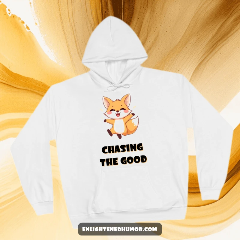 Funny Fox Hoodie: Comfortable hoodie featuring a playful fox leaping through shimmering light with a wide smile. Very energetic.