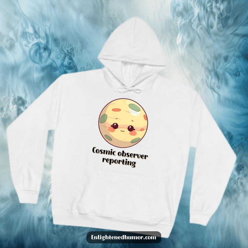 Funny hoodie depicting a curious planet character with a gentle, observant expression, offering warmth and cosmic charm. Ideal for casual, humorous wear.