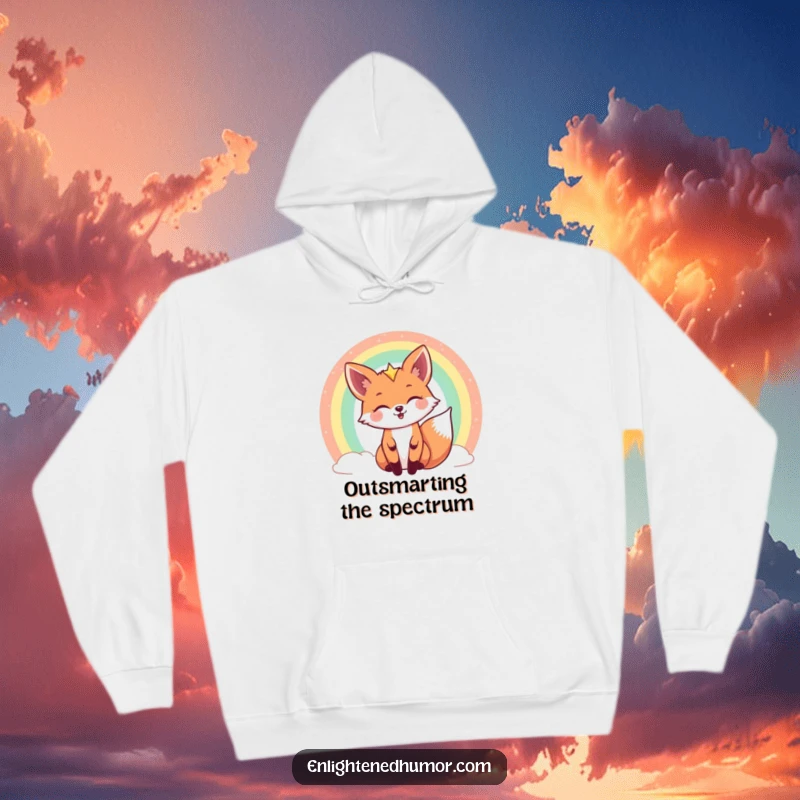 Funny celestial fox hoodie with a joyful fox peeking out from behind a dazzling, ethereal rainbow, offering cosmic warmth and style.